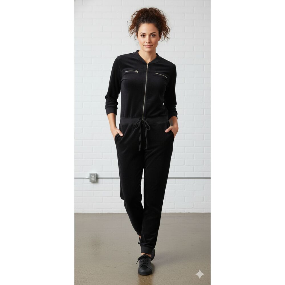 VTG Juicy Couture Black Label Velour Jumpsuit Sz S Black Y2K Coverall/Jumpsuit